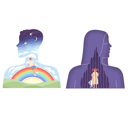 breakup and divorce support; Graphic silhouette of man and woman with inner image of guy on rainbow and girl. 