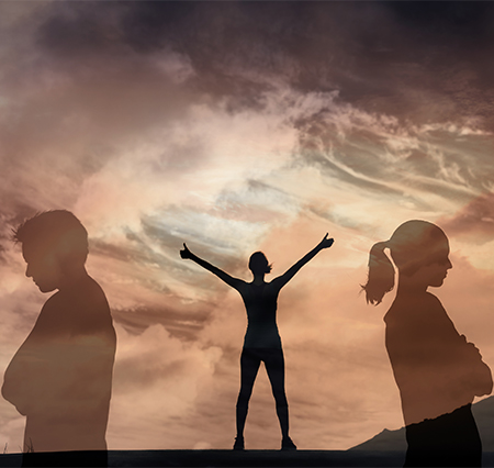 breakup and divorce support, images of man and woman standing with backs turned. 